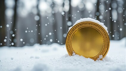 Golden coin covered by snow during snowfall in winter forest, cryptocurrency in the wild concept