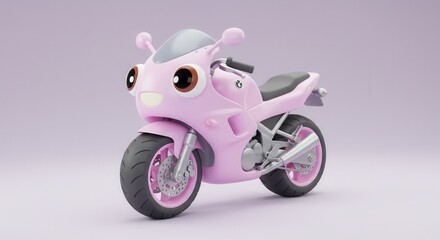 Cute cartoon-inspired pink motorcycle with big eyes on pastel background
