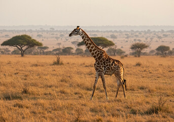 Obraz premium One giraffe walk through the savannah between the plants