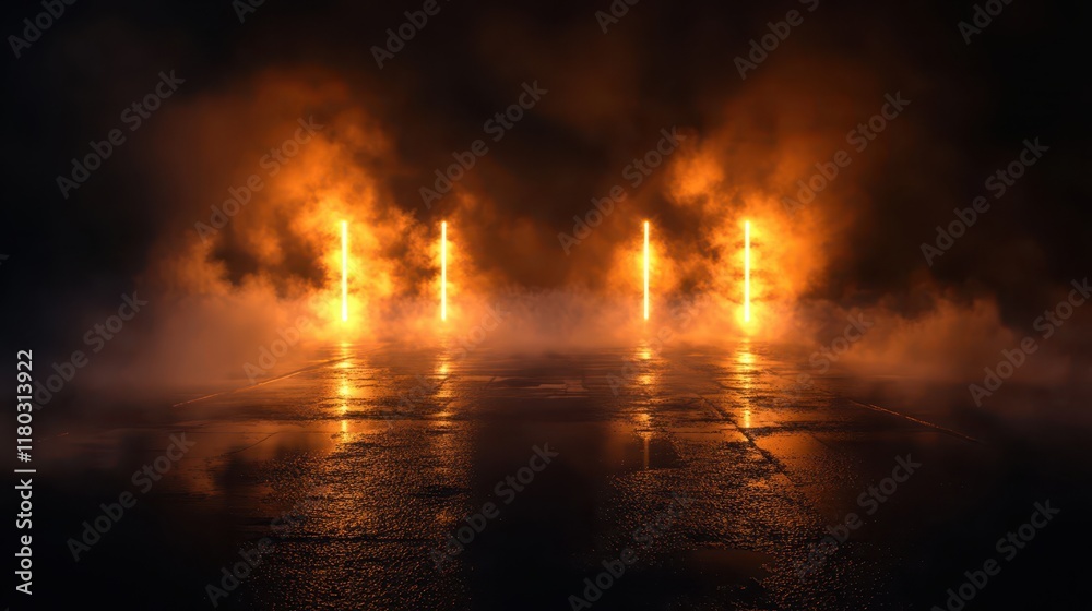 Wall mural empty background scene. dark street reflection on wet asphalt. rays of neon light in the dark, neon 