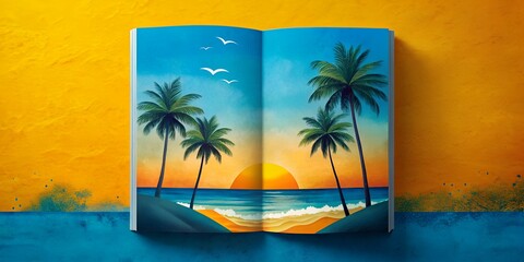 Obraz premium Vivid beach landscape painted in an open book against a fiery sunset with palm trees swaying softly by the shoreline