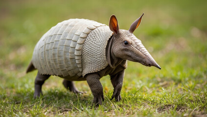Obraz premium A curious armadillo with its distinctive armored shell, walking across a grassy field under the warm sunlight, capturing the unique beauty and charm of this unusual creature in its natural habitat