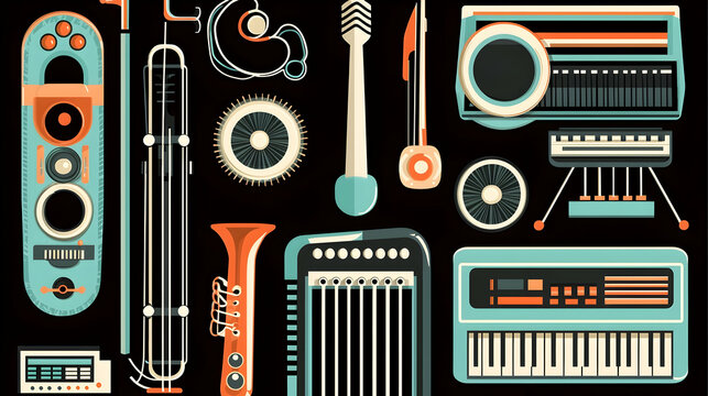 Retro graphic musical instruments collection on black background.