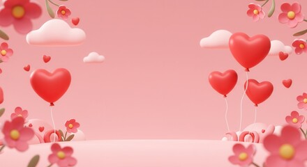 Romantic heart balloons under pink skies with floating flowers and clouds