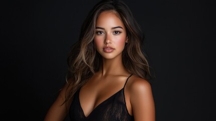 Fototapeta premium A woman in a black dress with long hair and a large bust