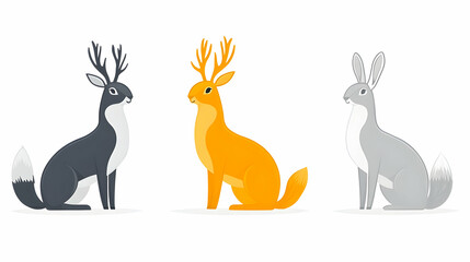 Cartoon animals, deer, hare, sitting,  isolated on white background.