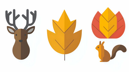 Naklejka premium Autumnal icons deer, leaves, squirrel; fall design elements; white background; website/app graphic.