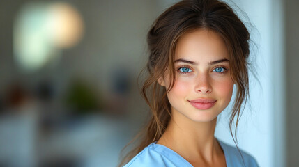 Smiling medical professional beautiful female in pastel scrubs in a blurred hospital setting conveying warmth care and trust with empty blank caption space on the side for customizable messages


