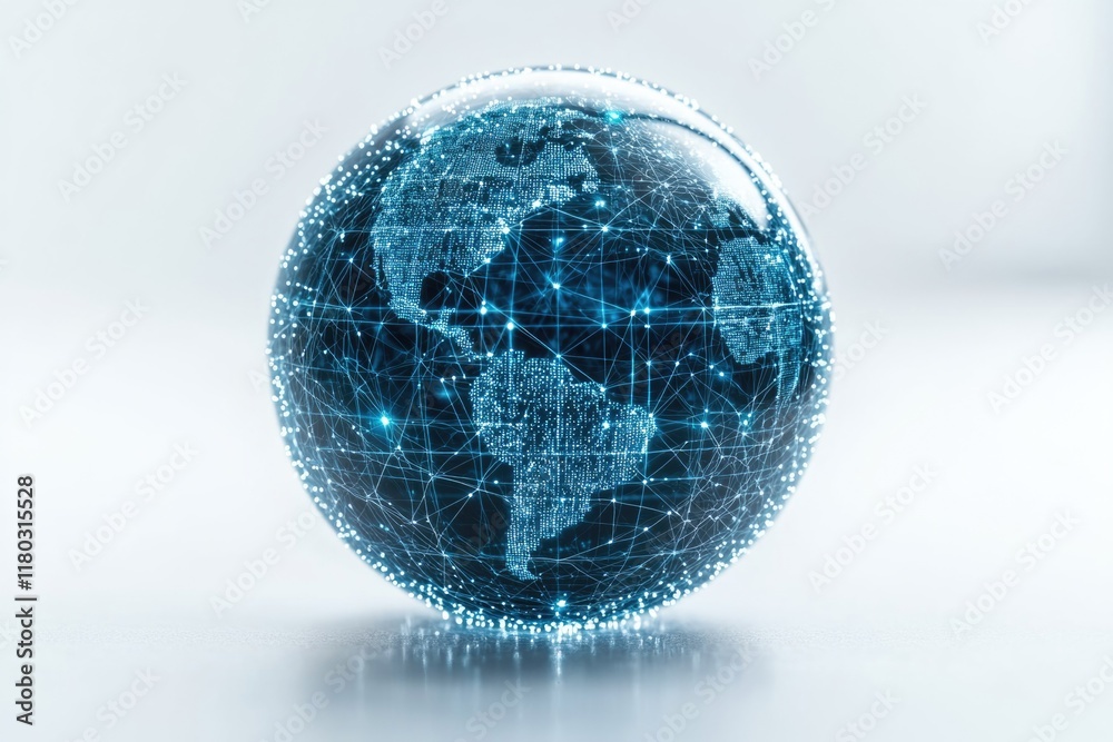 Poster A blue globe surrounded by lines and dots, perfect for representing the world's connectivity or data transmission