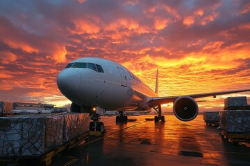 Obraz premium Cargo Concetp. Airplane at sunset with vibrant clouds and reflective ground.