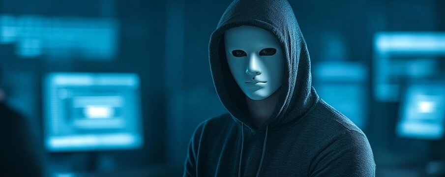 Hooded hacker in mask in dark room. Operating room with multiple monitors. Cybercrime, attack and cyberattack concept. Cybersecurity, data protection. Banner with copy space