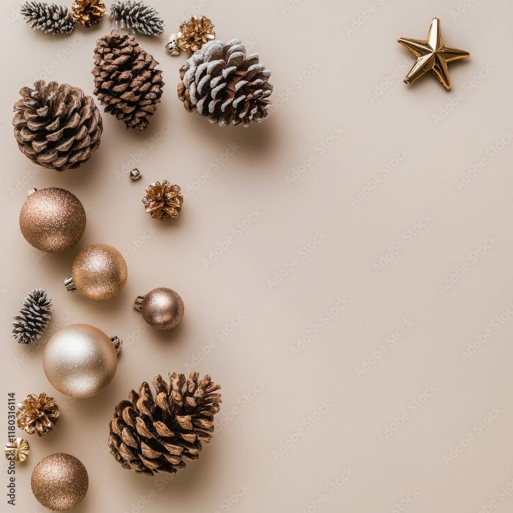 Aufkleber A decorative table setting featuring a white table top covered in pine cones and ornaments