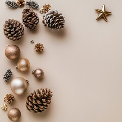 A decorative table setting featuring a white table top covered in pine cones and ornaments