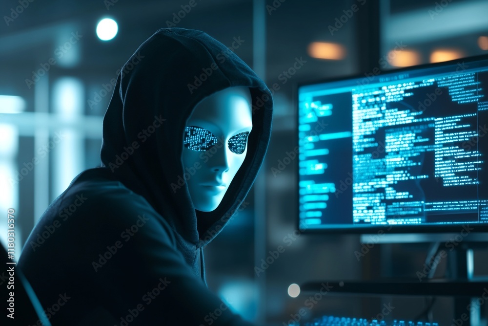 Poster Hacker in mask working on computer. Dark operating room with multiple monitors. Cybercrime, attack and cyberattack concept. Cybersecurity, data protection.