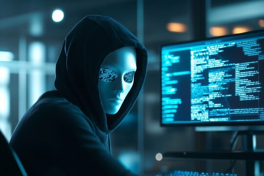 Hacker in mask working on computer. Dark operating room with multiple monitors. Cybercrime, attack and cyberattack concept. Cybersecurity, data protection.