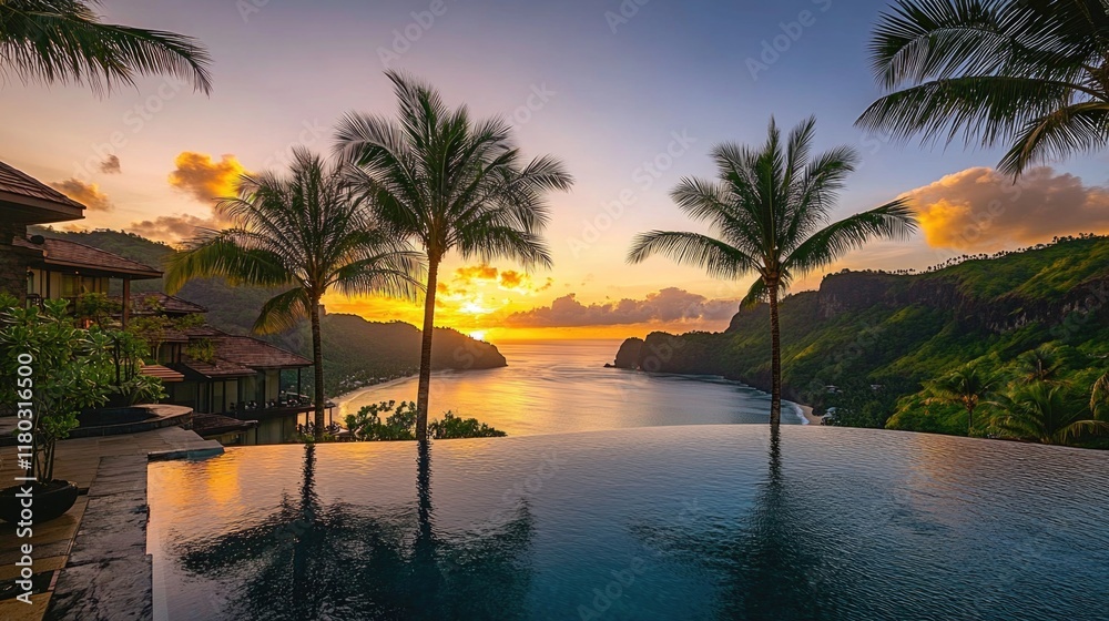 Poster a tranquil oceanfront pool surrounded by lush palm trees, perfect for a relaxing getaway