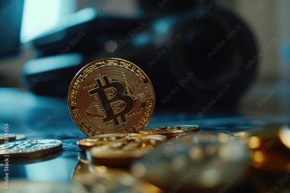 Aufkleber a close-up view of a bitcoin logo sitting on top of a pile of coins, perfect for use in financial an