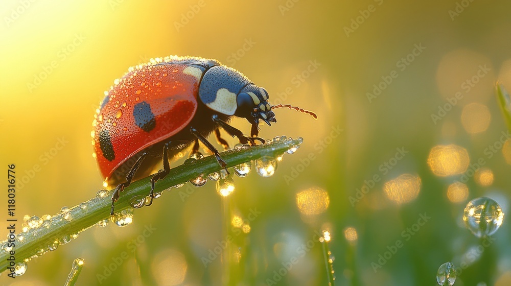 Poster a ladybug sits on a single blade of grass