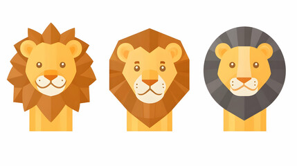 Flat lion heads, playful, cartoon style, simplified design for children's books or educational materials.