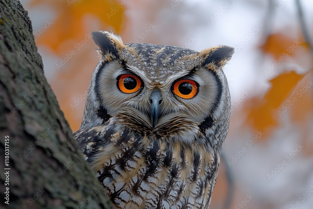 Poster a close-up shot of an owl sitting on a tree branch, looking alert