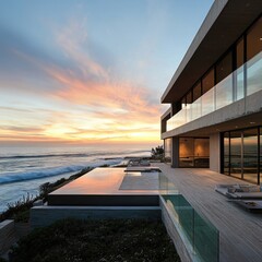 Fototapeta premium A modern home situated near the coastline, capturing the beauty of a sunset