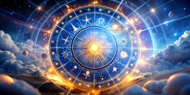 Celestial wheel of zodiac signs illuminated under a cosmic sky filled with stars and planets at dusk radiating mystical energy and profound connections