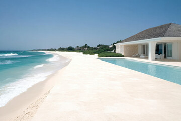 A beach with a house and a pool