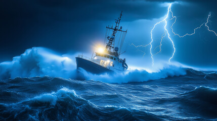 Obraz premium A lone ship battling massive ocean waves during a thunderstorm, with lightning illuminating complex water patterns