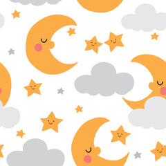 Seamless childish pattern with cute moon, clouds and stars. Lovely texture for baby. Vector illustration.
