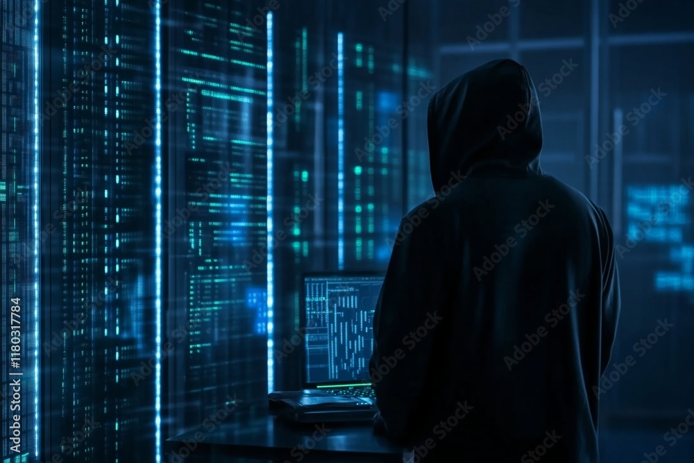 Poster hooded hacker in corporate data center. rows of rack servers. ai training cluster and artificial int