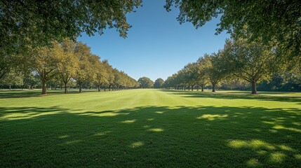 Obraz premium Tree-lined fairway on sunny day, distant trees, ideal for golf course backdrop.
