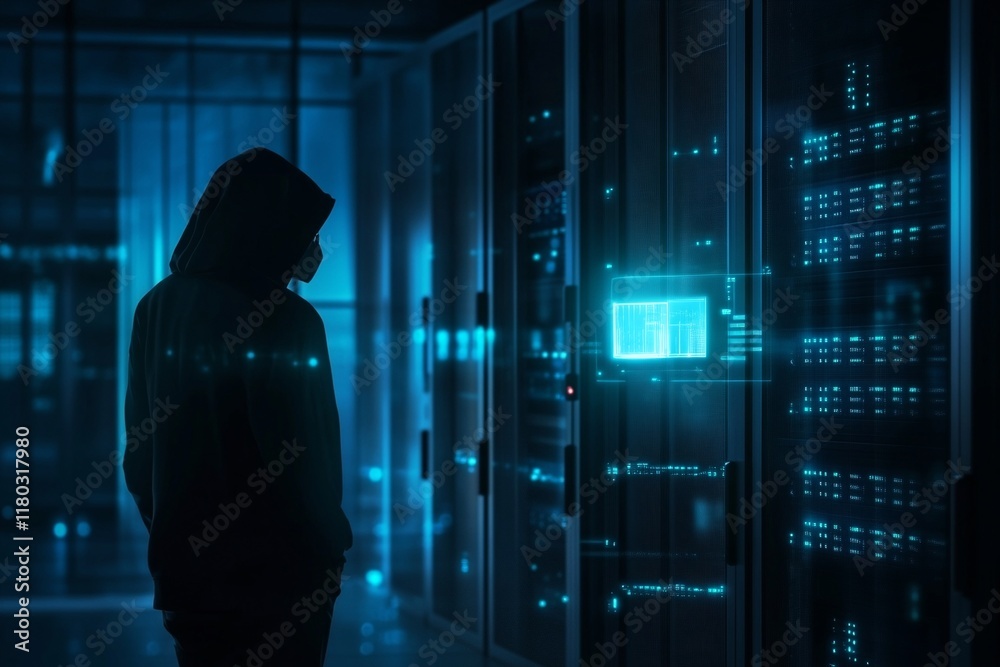 Poster hooded hacker in corporate data center. rows of rack servers. ai training cluster and artificial int