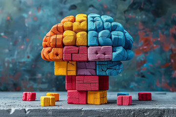 Colorful brain made of blocks is displayed on a table