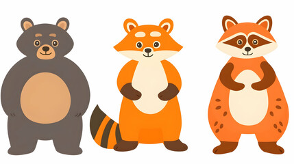 Fototapeta premium Cute cartoon bear and raccoons on white background, illustration for children's books or educational materials.