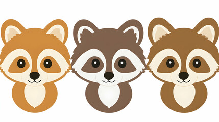 Fototapeta premium Cute cartoon raccoon heads in a row against a plain background.