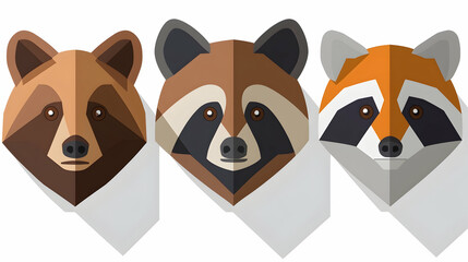 Obraz premium Geometric raccoon heads, flat design, three different colors, white background, nature theme.