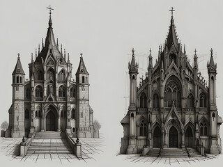 Fototapeta premium a gothic building with different patterns and that there were a lot of towers with crosses in black and white, with shadows in pencil version. perspective and from the bottom