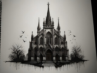 Fototapeta premium a gothic building with different patterns and that there were a lot of towers with crosses in black and white, with shadows in pencil version. perspective and from the bottom