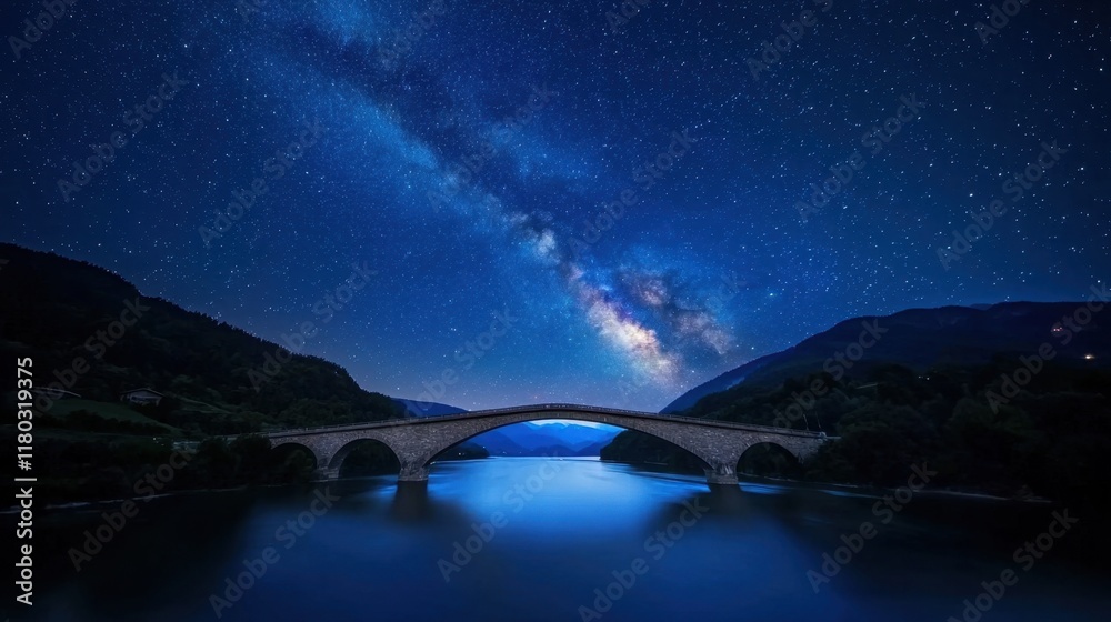 Wall mural a bridge spans a river with a beautiful night sky above