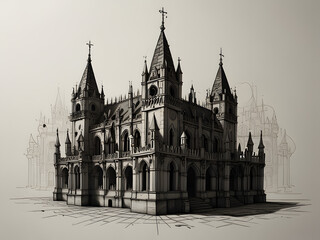 Fototapeta premium a gothic building with different patterns and that there were a lot of towers with crosses in black and white, with shadows in pencil version. perspective and from the bottom