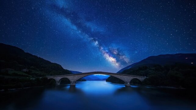 A bridge spans a river with a beautiful night sky above