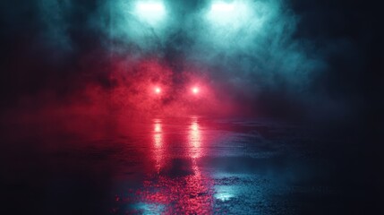 Wet asphalt, reflection of neon lights, a searchlight, smoke. Abstract light in a dark empty street with smoke, smog. Dark background scene of empty street, night view, night city.