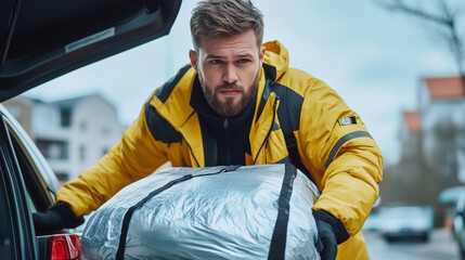 Focused courier carefully arranging a large insulated bag in a car trunk, preparing for a food delivery run through a vibrant urban area.