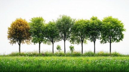 Trees changing seasons in a meadow, new growth.