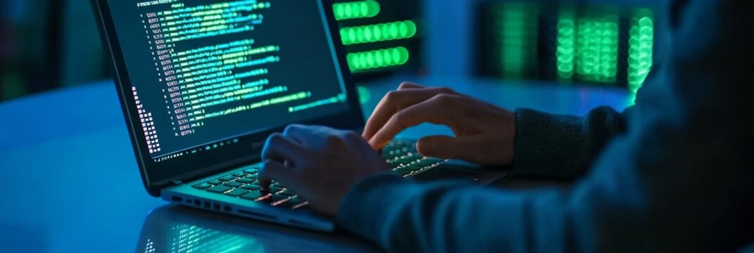 Hands typing on the laptop. Hacker in dark operating room. Cybercrime, attack and cyberattack concept. Cybersecurity, data protection. IT specialist, programmer - Powered by Adobe