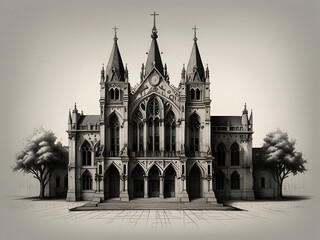 Fototapeta premium a gothic building with different patterns and that there were a lot of towers with crosses in black and white, with shadows in pencil version. perspective and from the bottom