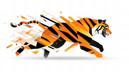 Dynamic illustration of a tiger in motion, rendered in bold orange and black stripes against a white backdrop.