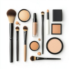 Assorted makeup brushes and cosmetics displayed neatly, showcasing tools for application and various foundation shades.
