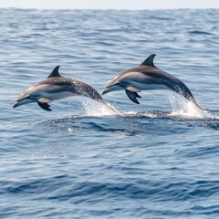 Two playful dolphins leaping out of the ocean