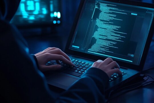 Hands typing on the laptop. Hacker in dark operating room. Cybercrime, attack and cyberattack concept. Cybersecurity, data protection. IT specialist, programmer